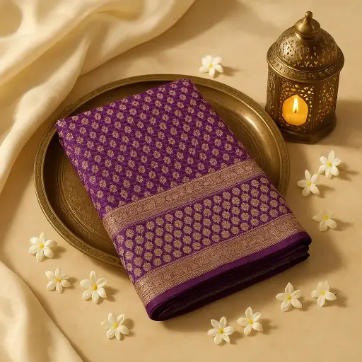 [59812001DC98F3] Royal Purple Bandhani Saree with Intricate Gold Zari Border