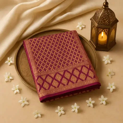 [59812001DC99F3] Elegant Purple Bandhani Saree with Intricate Gold Zari Border
