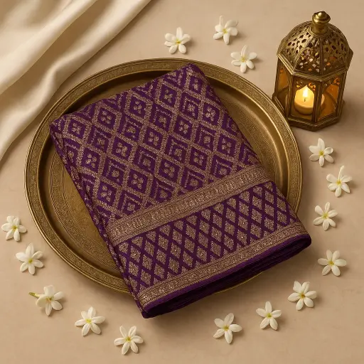 [59812001DD00F3] Royal Purple Bandhani Silk Saree With Intricate Zari Border