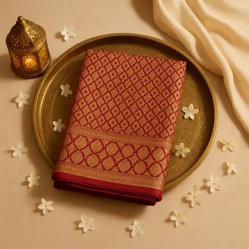 [59812001DD03F3] Elegant Maroon Bandhani Silk Saree With Rich Zari Border