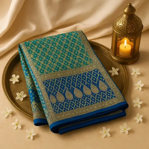 [59812001DD06F3] Stunning Ombre Blue and Green Banarasi Bandhani Silk Saree