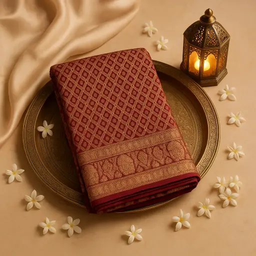 [59812001DD09F3] Exquisite Maroon Bandhani Silk Saree With Intricate Zari Border