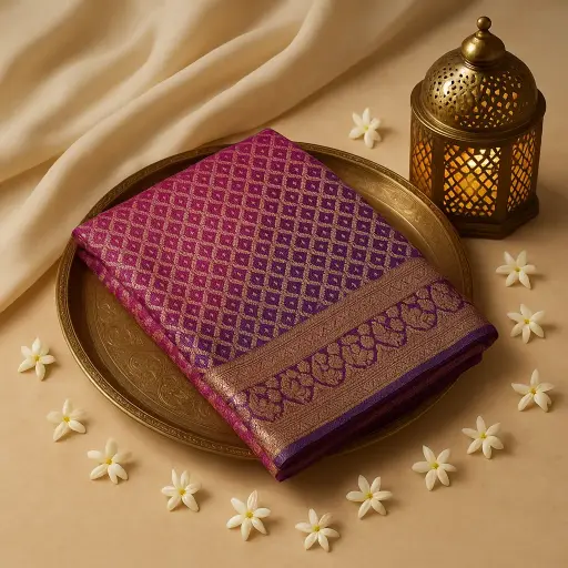 [59812001DD12F3] Purple Ombre Bandhani Saree with Intricate Zari Border