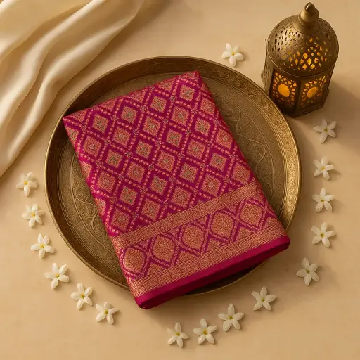 [59812001DD14F3] Luxurious Magenta Bandhani Saree with Intricate Zari Weaving
