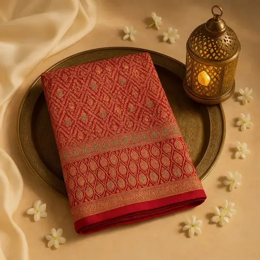 [59812001DD17F3] Exquisite Red Banarasi Silk Saree with Traditional Bandhani Details