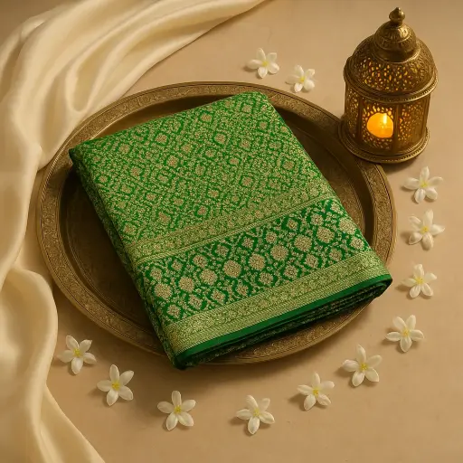[59812001DD19F3] Elegant Green Bandhani Saree with Traditional Zari Border