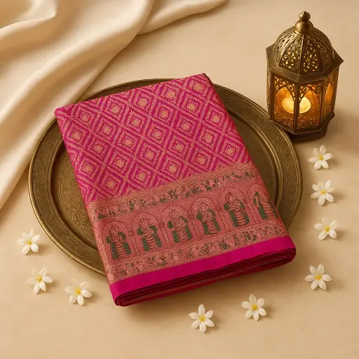 [59812001DD26F3] Exquisite Magenta Banarasi Bandhani Saree With Intricate Traditional Border