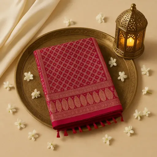 [59812001DD31F3] Exquisite Pink Bandhani Saree with Rich Zari Border