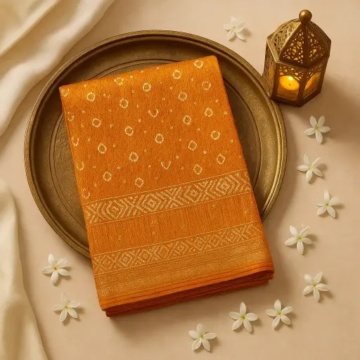 [59812001DD36F3] Mustard Yellow Traditional Bandhani Gaji Silk Saree with Zari