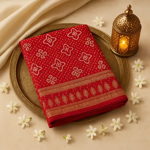 [59812001DD39F3] Exquisite Red Gaji Silk Bandhani Saree with Nakshi Zari Border