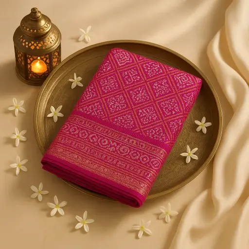 [59812001DD40F3] Magenta Gaji Silk Bandhani Saree with Rich Nakshi Border