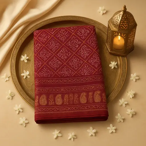 [59812001DD42F3] Exquisite Maroon Bandhani Gaji Silk Saree with Nakshi Border