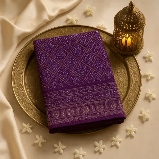 [59812001DD43F3] Exquisite Purple Gaji Silk Hand-Dyed Bandhani Saree with Zari