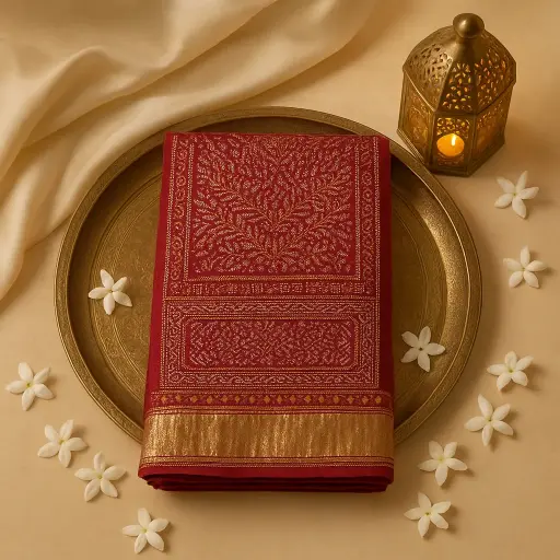[59812001DD47F3] Exquisite Maroon Gaji Silk Bandhani Saree with Zari Border