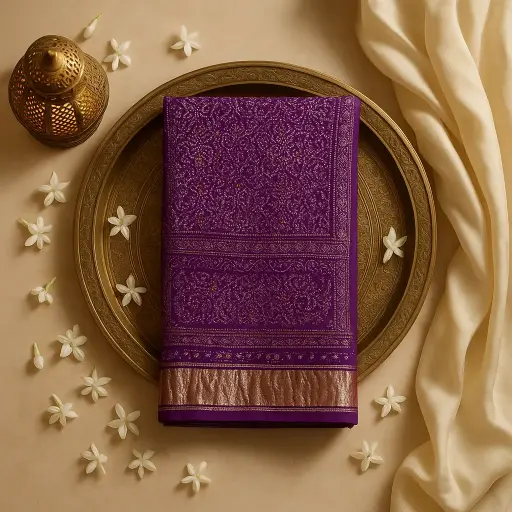 [59812001DD48F3] Royal Purple Bandhani Silk Saree with Elegant Zari Border