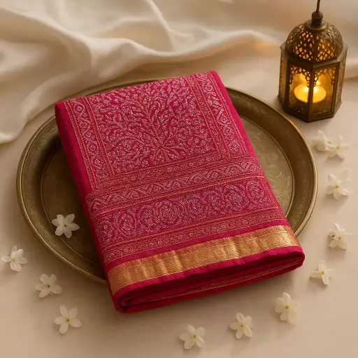 [59812001DD50F3] Exquisite Fuchsia Gaji Silk Bandhani Saree with Zari Border