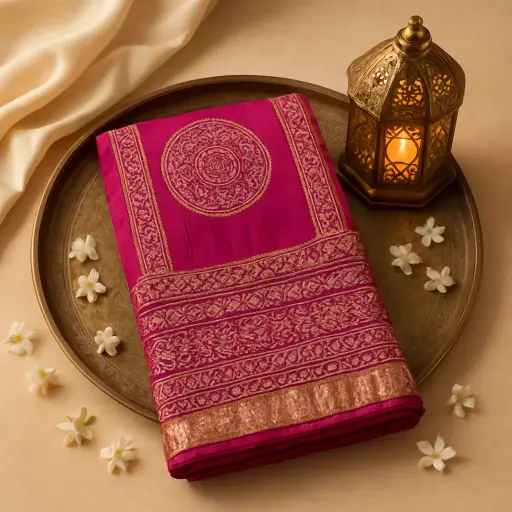 [59812001DD51F3] Exquisite Magenta Hand-Dyed Bandhani Saree with Rich Gold Border