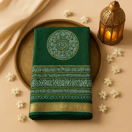 [59812001DD52F3] Elegant Emerald Green Bandhani Saree with Traditional Zari Border