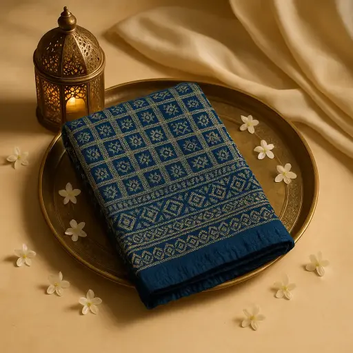 [59812001DD54F3] Elegant Navy Blue Bandhani Saree with Rich Zari Border