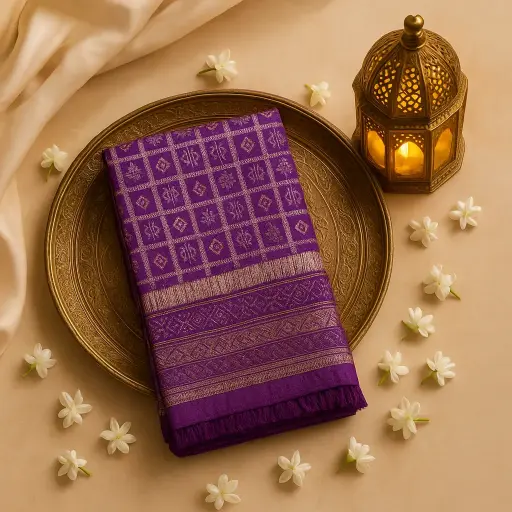 [59812001DD55F3] Exquisite Royal Purple Bandhani Saree with Rich Zari Border