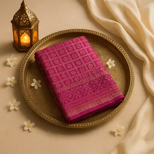 [59812001DD58F3] Magenta Gaji Silk Bandhani Saree with Rich Nakshi Zari Border