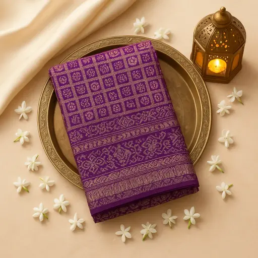 [59812001DD61F3] Exquisite Purple Gaji Silk Bandhani Saree with Zari Borders