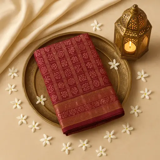 [59812001DD64F3] Elegant Maroon Bandhani Saree with Luxurious Zari Checkered Pattern