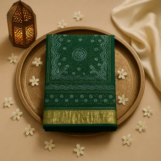 [59812001DD67F3] Elegant Forest Green Handcrafted Bandhani Silk Saree