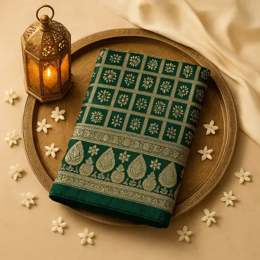[59812001DD68F3] Elegant Green Gaji Silk Gharchola Saree with Zari Border