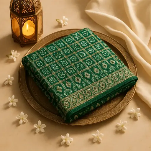 [59812001DD69F3] Elegant Green Bandhani Saree with Traditional Zari Border