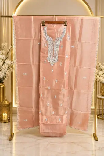 [84806001DD71F3] Premium Peach Silk Suit Material with Intricate Silver Embroidery n Scalloped Dupatta