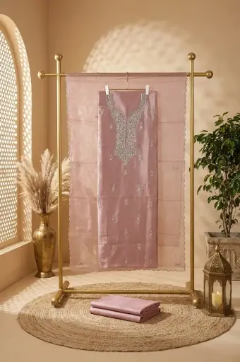 [84806001DD72F3] Dusty Pink Tissue Silk Hand-Embroidered Unstitched Suit Material