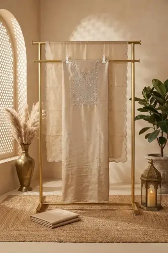[84806001DD75F3] Champagne Gold Tissue Silk Unstitched Designer Suit Material