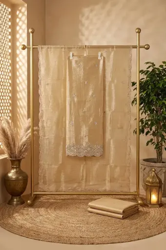 [84806001DD76F3] Champagne Gold Tissue Unstitched Designer Suit Material Set