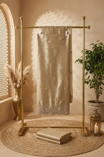 [84806001DD77F3] Champagne Gold Tissue Silk Unstitched Salwar Suit Set