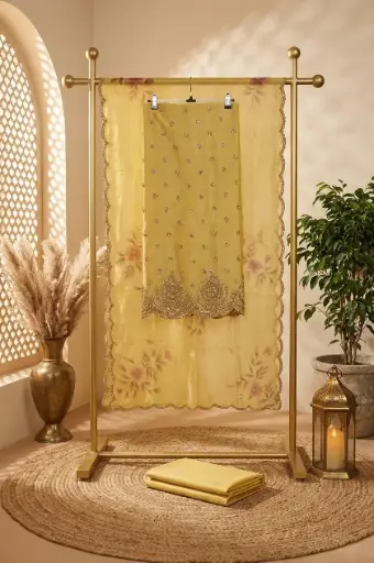 [84806001DD79F3] Sunshine Yellow Tissue Organza Embroidered Unstitched Suit Fabric Set
