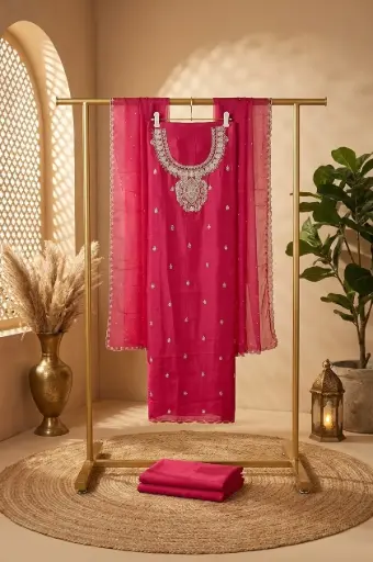 [84806001DD80F3] Rani Pink Embroidered Silk Unstitched Suit Material Set