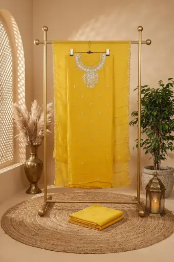 [84806001DD81F3] Bright Yellow Embroidered Georgette Unstitched Dress Material Suit