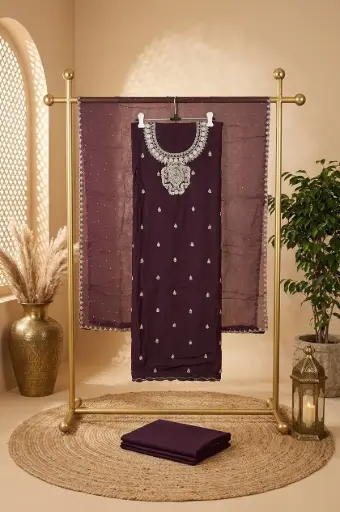 [84806001DD82F3] Royal Wine Silk Embroidered Unstitched Dress Material Set 