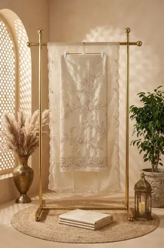 [84806001DD96F3] Champagne Gold Tissue Silk Embroidered Unstitched Suit Material
