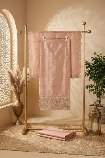 [84806001DD86F3] Peach Tissue Silk Embroidered Unstitched Suit Material