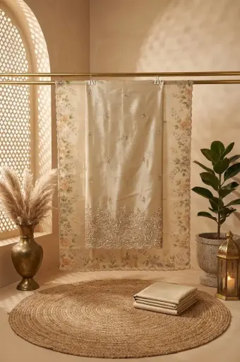 [84806001DD88F3] Champagne Gold Embroidered Tissue Silk Unstitched Suit Set