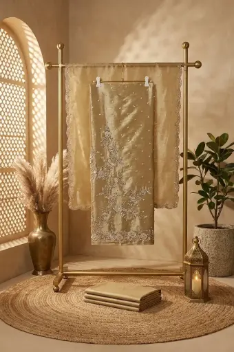 [84806001DD89F3] Metallic Gold Tissue Embroidered Unstitched Dress Material Suit Set