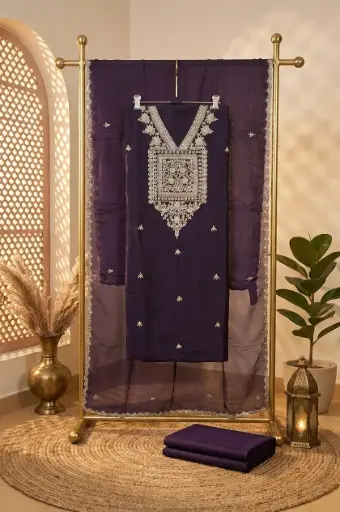 [84806001DD94F3] Deep Purple Silk Unstitched Suit with Intricate Embroidered Yoke