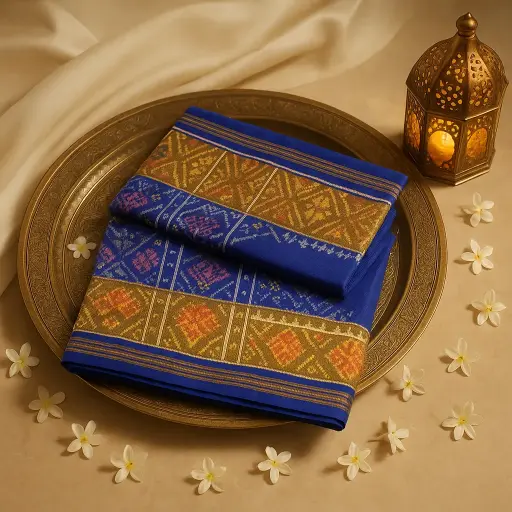 [10409001DD97F3] Royal Blue Patola Silk Saree With Intricate Zari Border