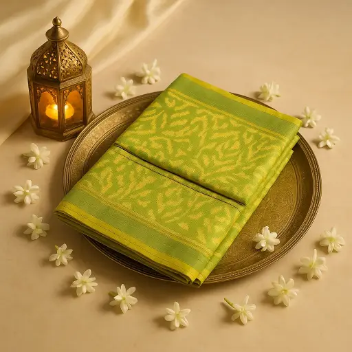 [10409001DD98F3] Elegant Lime Green Ikat Silk Saree with Traditional Border