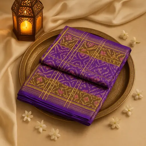 [10409001DD99F3] Exquisite Royal Purple Patola Silk Saree With Golden Border