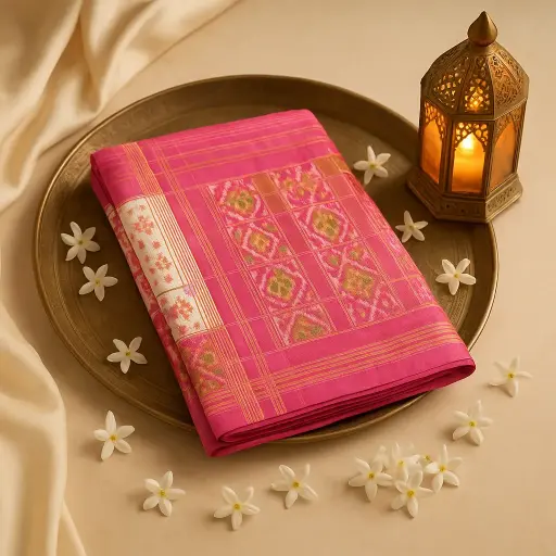 [10409001DE02F3] Elegant Pink and Cream Patola Silk Saree with Zari