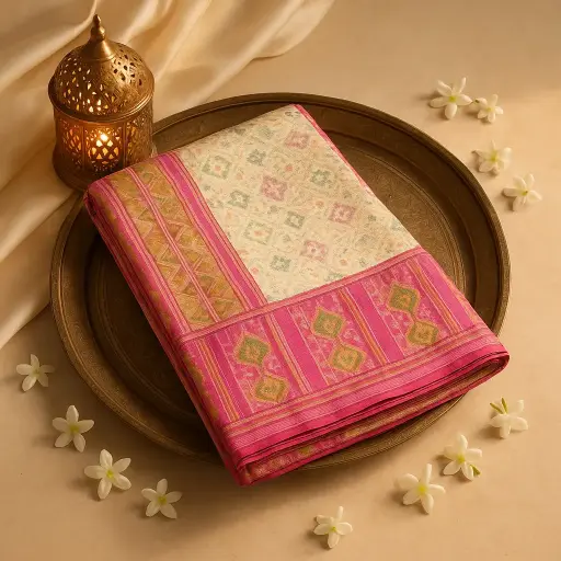 [10409001DE03F3] Elegant Pink and Cream Patola Silk Saree with Zari