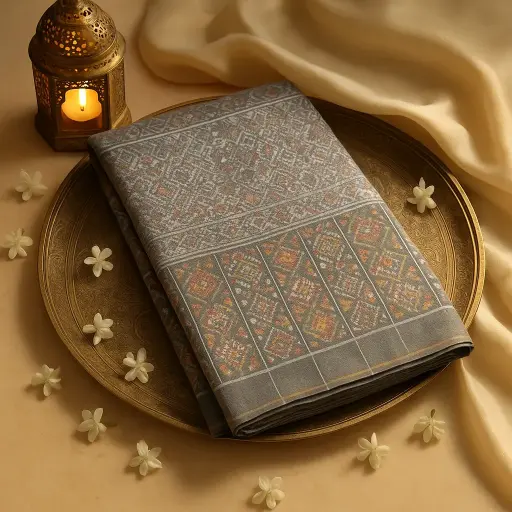 [10409001DE05F3] Elegant Grey Patola Silk Saree With Intricate Geometric Motifs 
